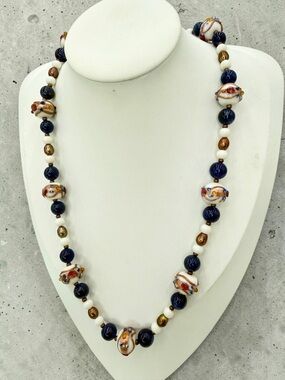 Artisan Venetian Wedding Cake Bead Sapphire & Genuine Pearl Beads Necklace 20”